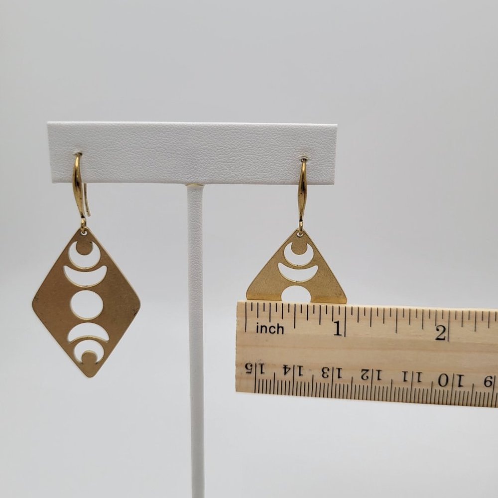 Dangle Drop Earrings Raw Brass Moon Phase Hook Handmade 2.5" Long Diamond Shape - Picture 12 of 12